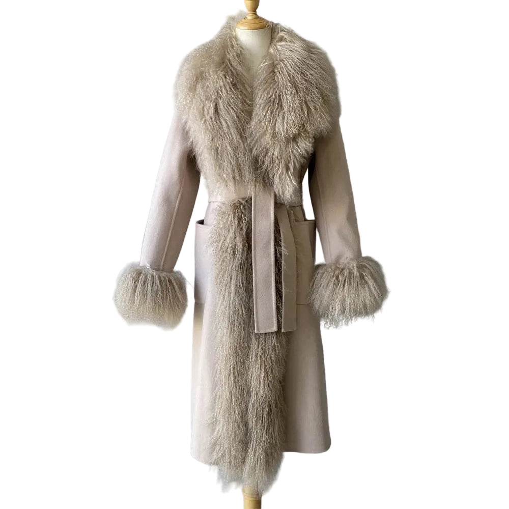Beige coat with fur trim on a mannequin against a plain background