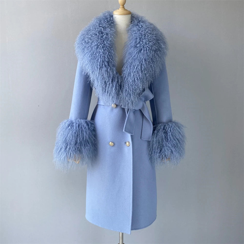 Light blue coat with fluffy fur trim on a mannequin against a plain background