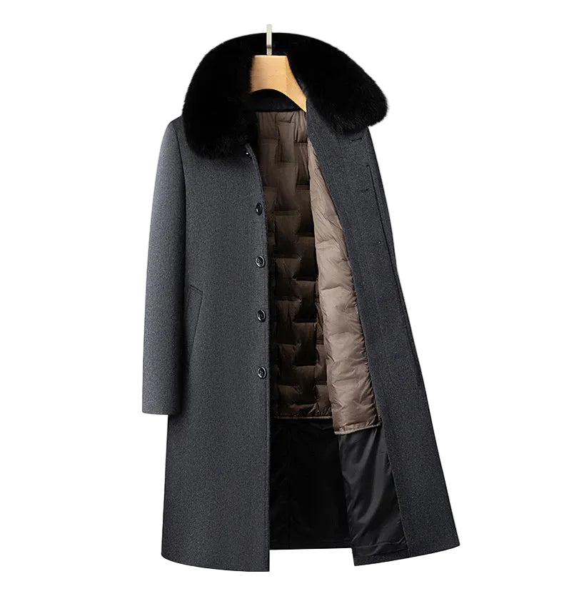 A dark gray men's winter coat with a large black fur-trimmed collar, shown open on a hanger against a white background. A small black label in the top-left corner reads 'Color 小思' (Gray).
