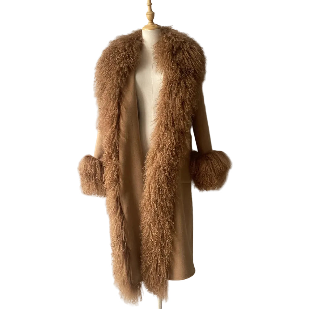 Brown fur coat on a mannequin against a plain background