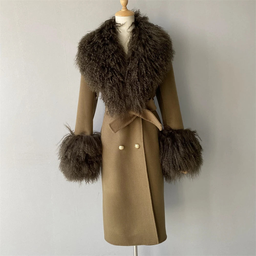 Brown coat with fur accents on a mannequin against a plain background