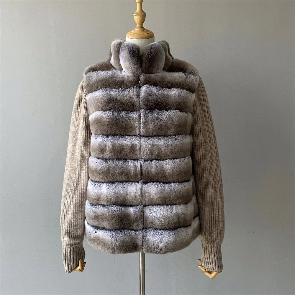 Fur vest with a sweater on a mannequin against a plain background