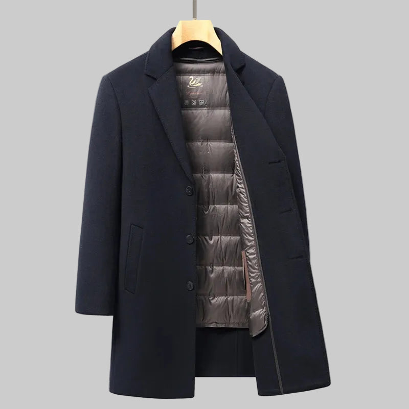 Navy blue overcoat with gray lining on a hanger against a gray background