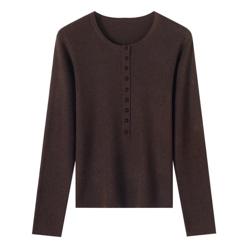 Brown long-sleeve shirt with buttons on a white background