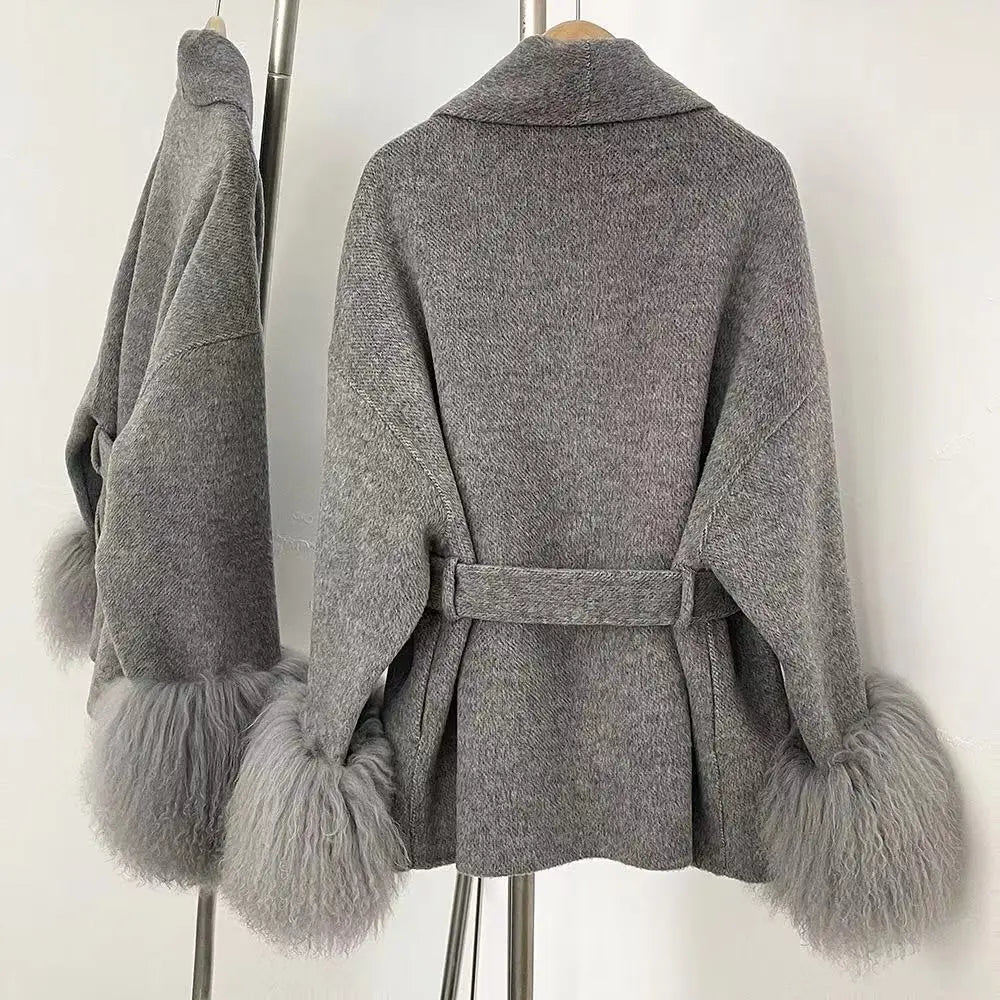 Woolberry Wool Coat, Mongolian Fur Cuffs