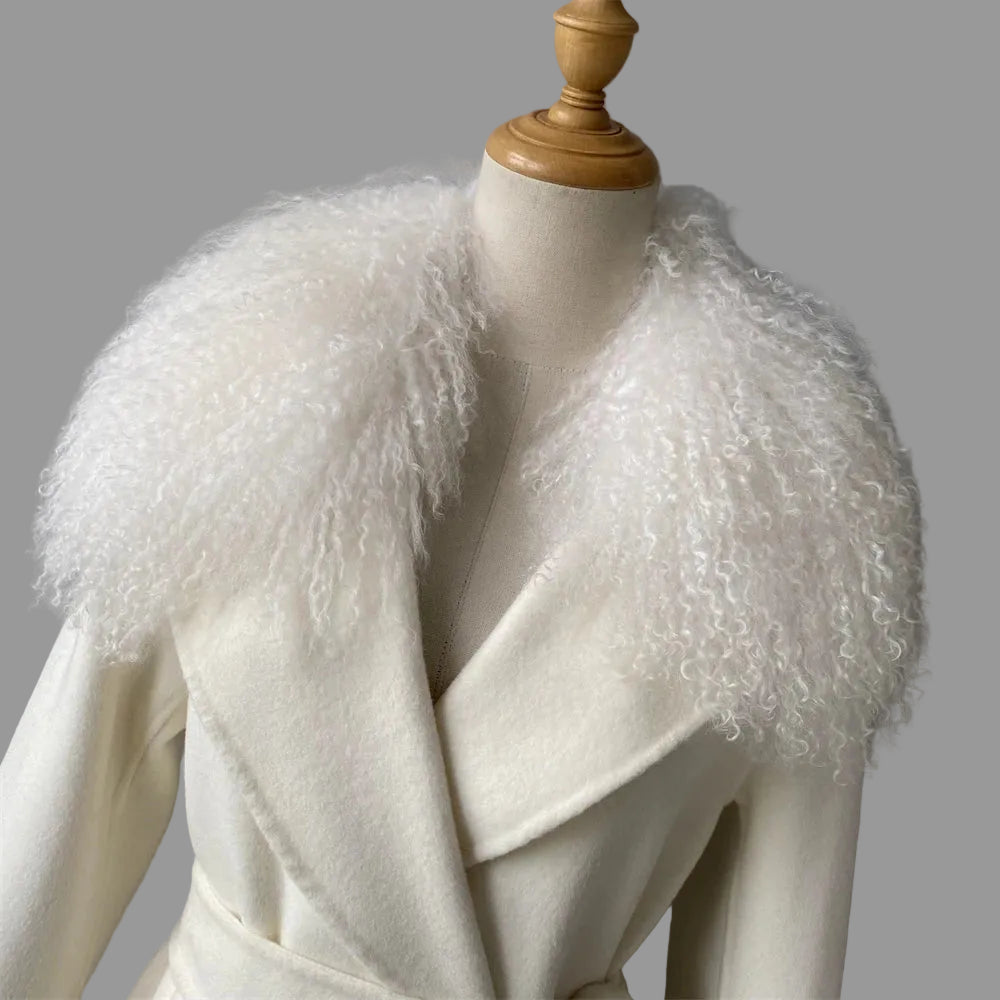White coat with fluffy collar on a mannequin against a gray background