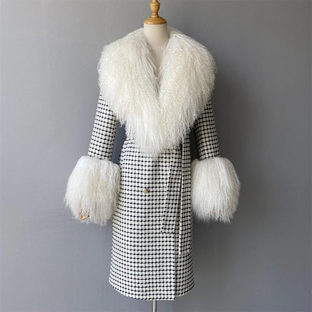 Black and white checkered coat with white fur trim on a mannequin against a gray background