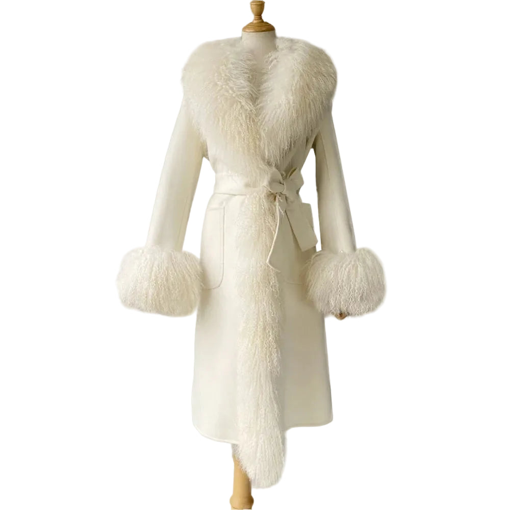 White coat with fur cuffs and collar on a mannequin against a white background
