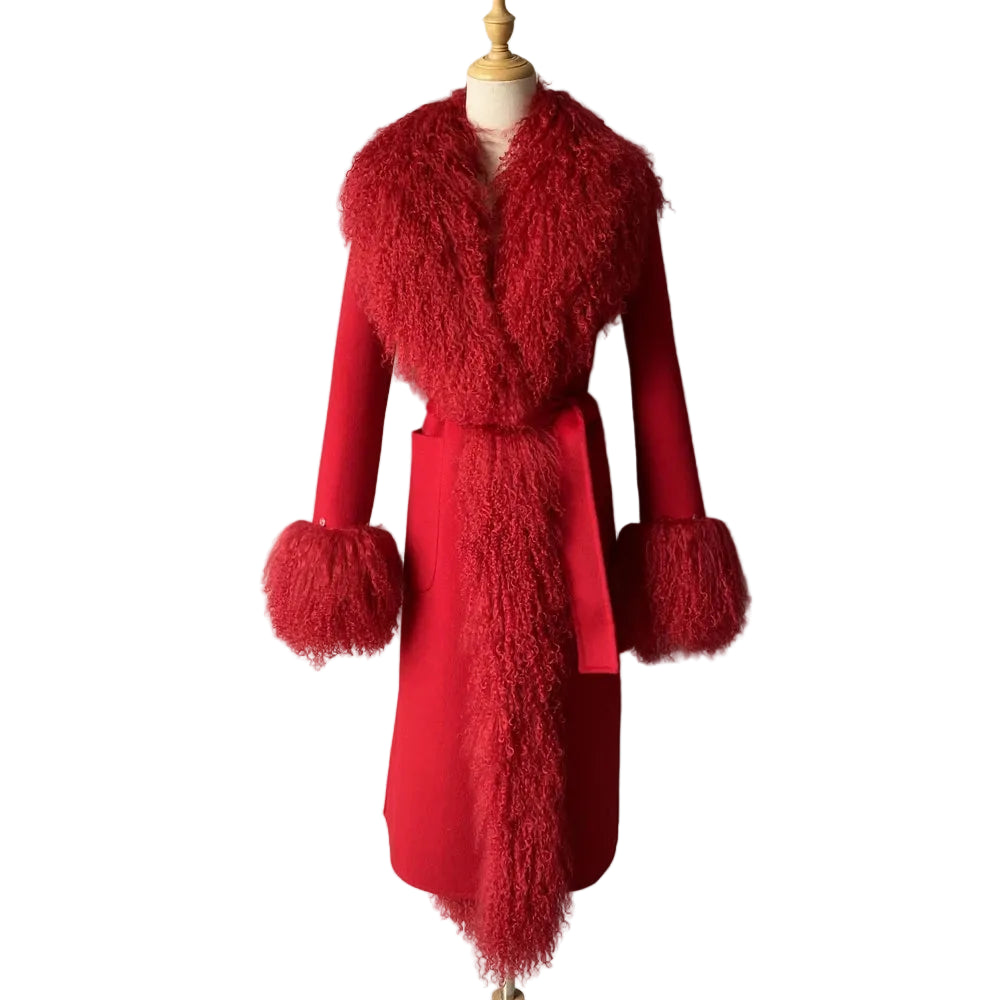 Red coat with fur trim on a mannequin against a plain background