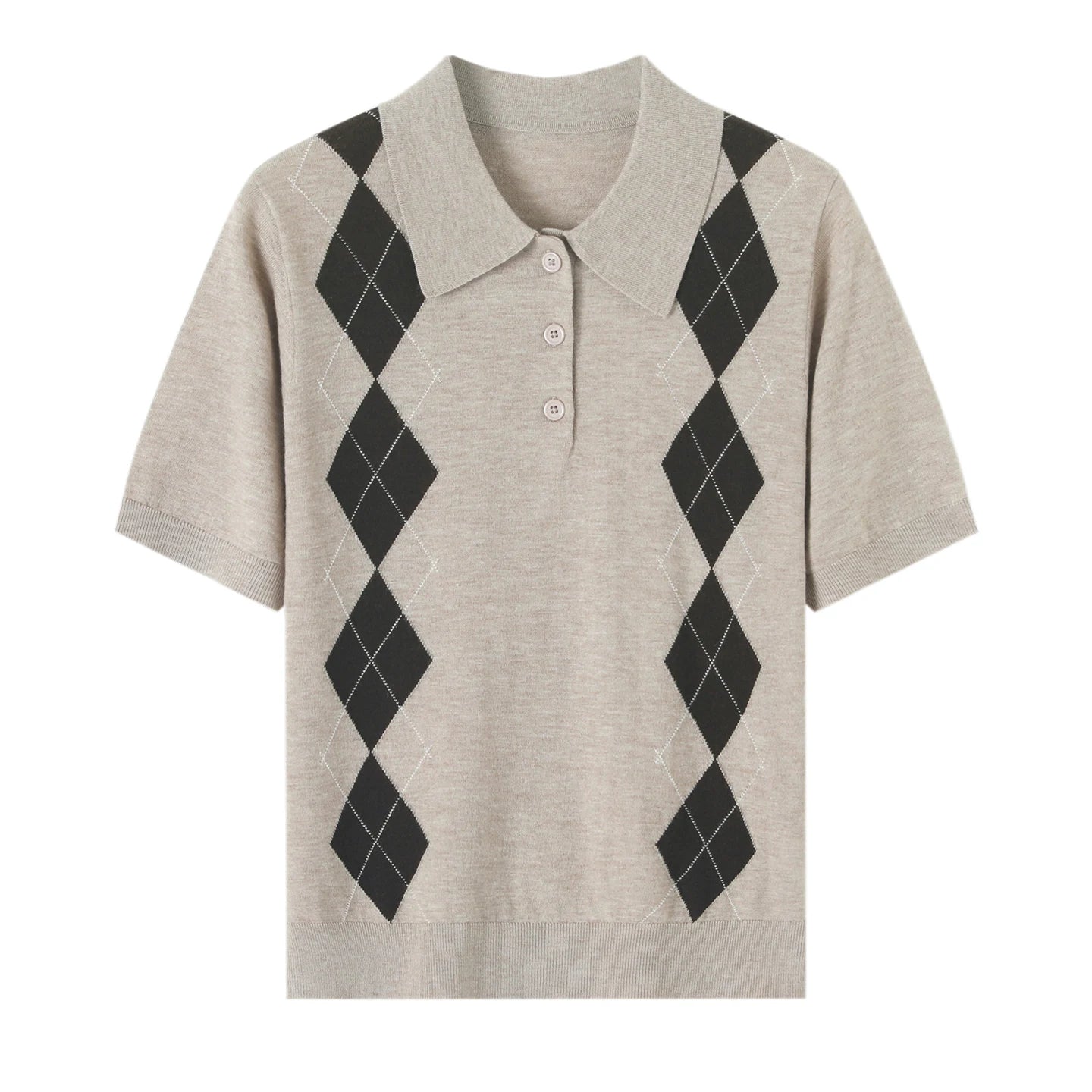 Beige sweater with black argyle pattern on a white background