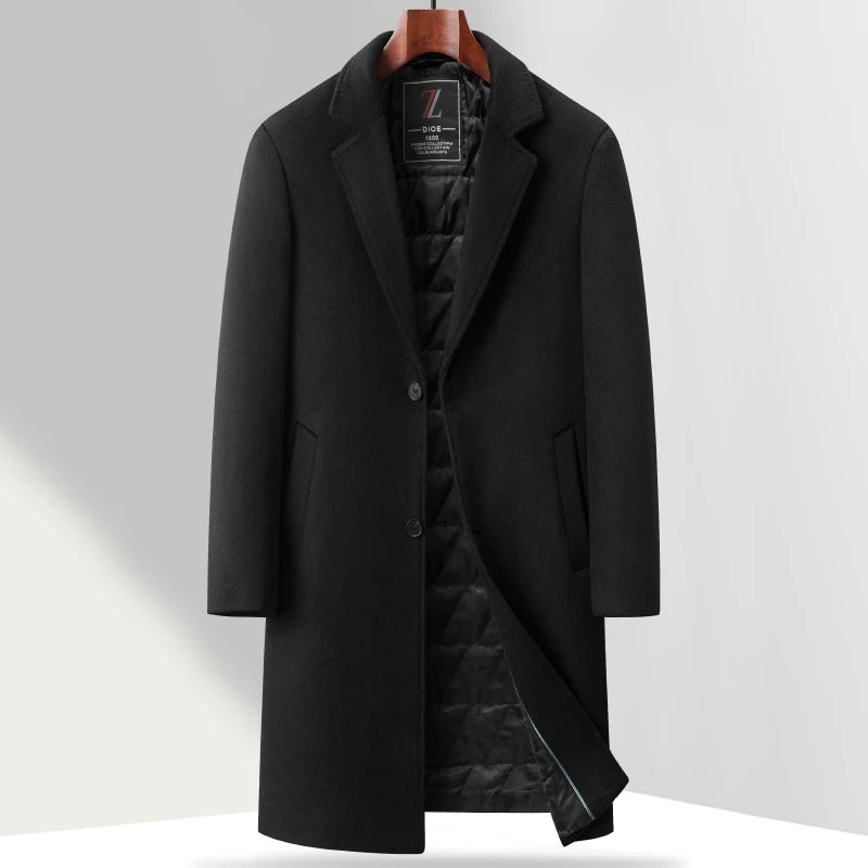 Black coat on a hanger with a visible brand label against a white background