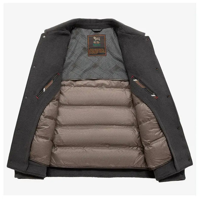 Black duffle coat on a wooden hanger against a white background