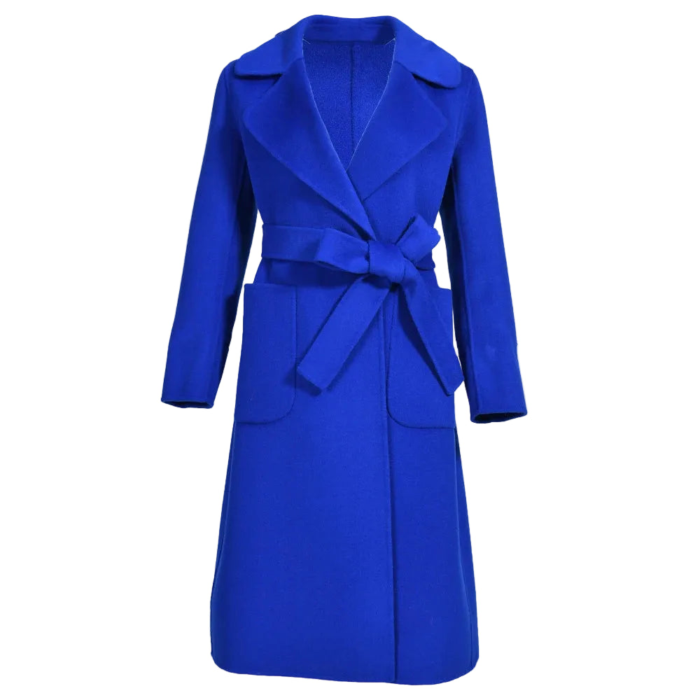 Blue coat with a belt on a white background