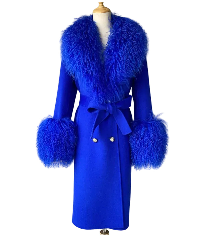 Blue coat with feathered collar and cuffs on a mannequin against a gray background