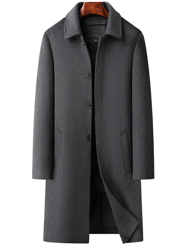 Gray overcoat on a hanger with brand logo and product features on a beige background