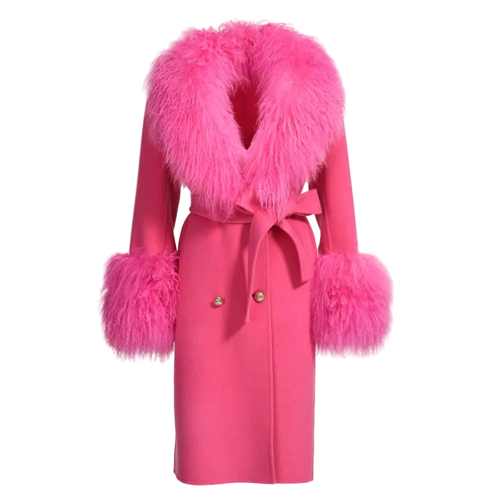 Pink coat with fur trim on a white background