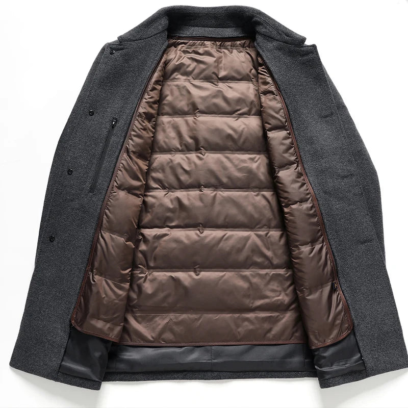 Gray coat with brown quilted lining on a white background