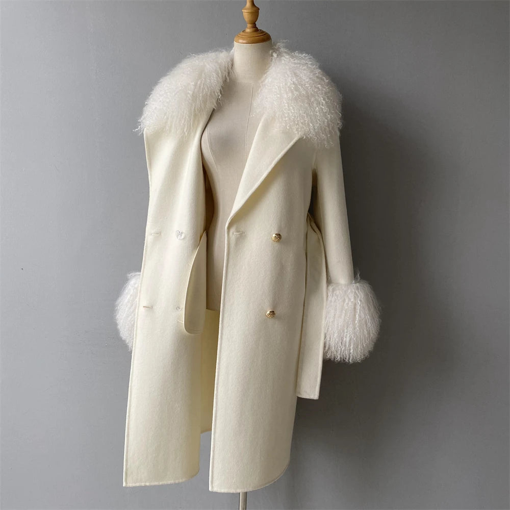 Beige coat with fur trim on a mannequin against a gray background