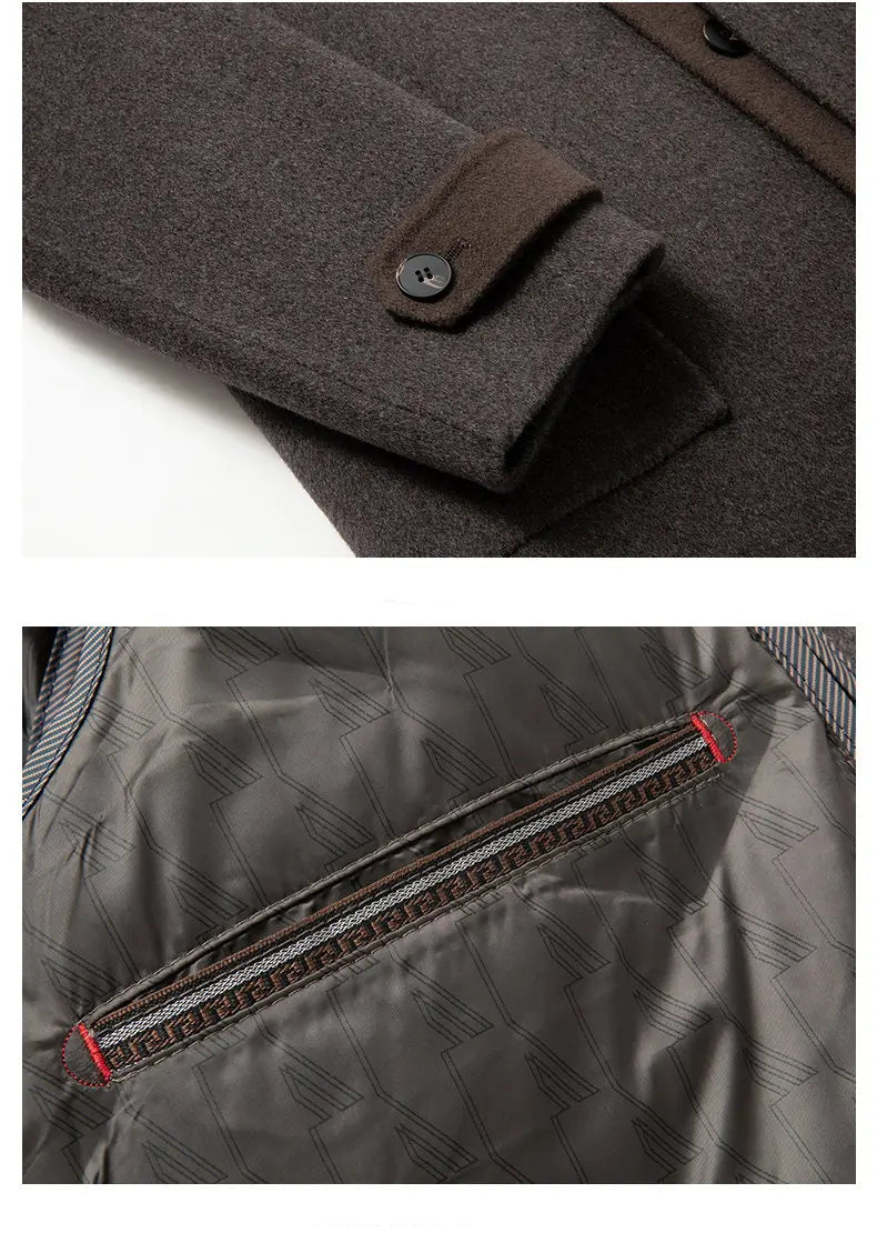 Close-up of a brown coat with a button and zipper detail, labeled 'Details from Mohe Men's Wear'.