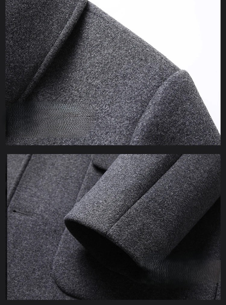 Close-up of a gray coat with a focus on texture and stitching.