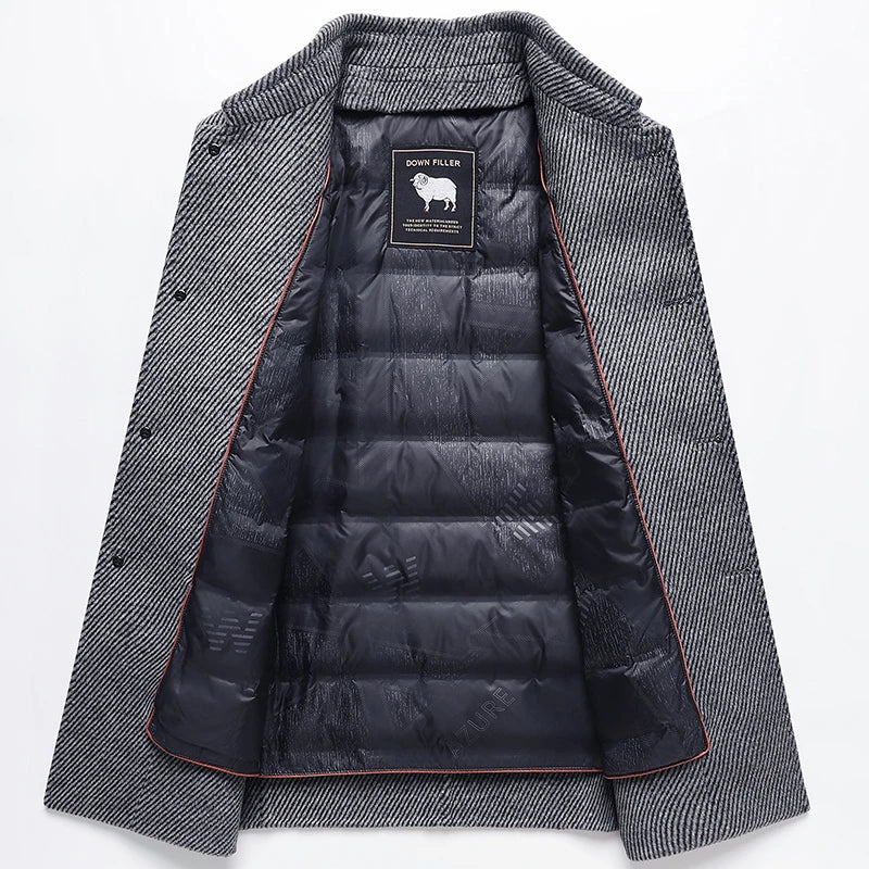 Gray herringbone jacket with black quilted lining on a white background