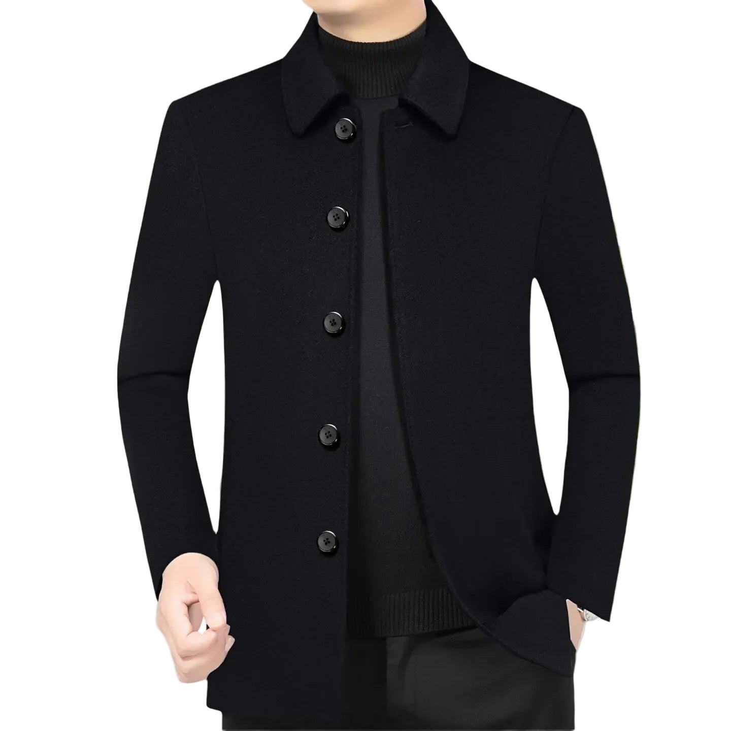 Black coat worn by a person with a plant in the background
