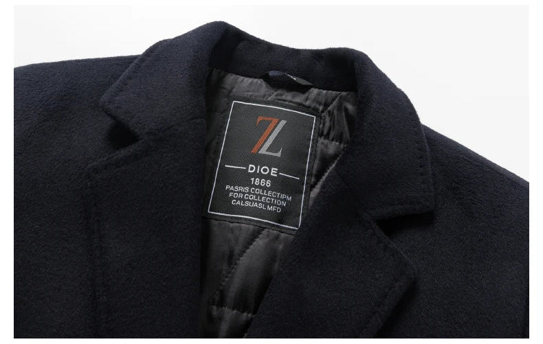 Black coat with a brand label on a white background