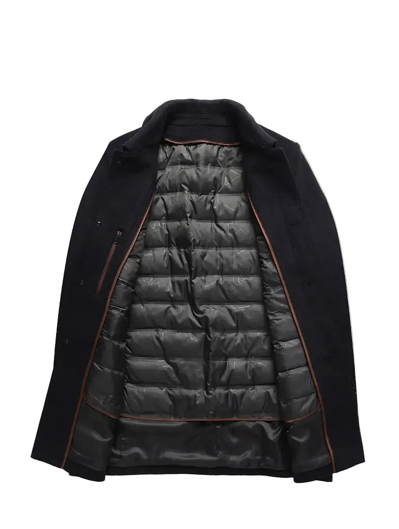Black coat with quilted lining on a white background