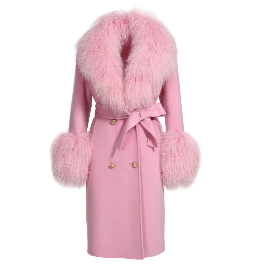 Pink coat with fur accents on a white background