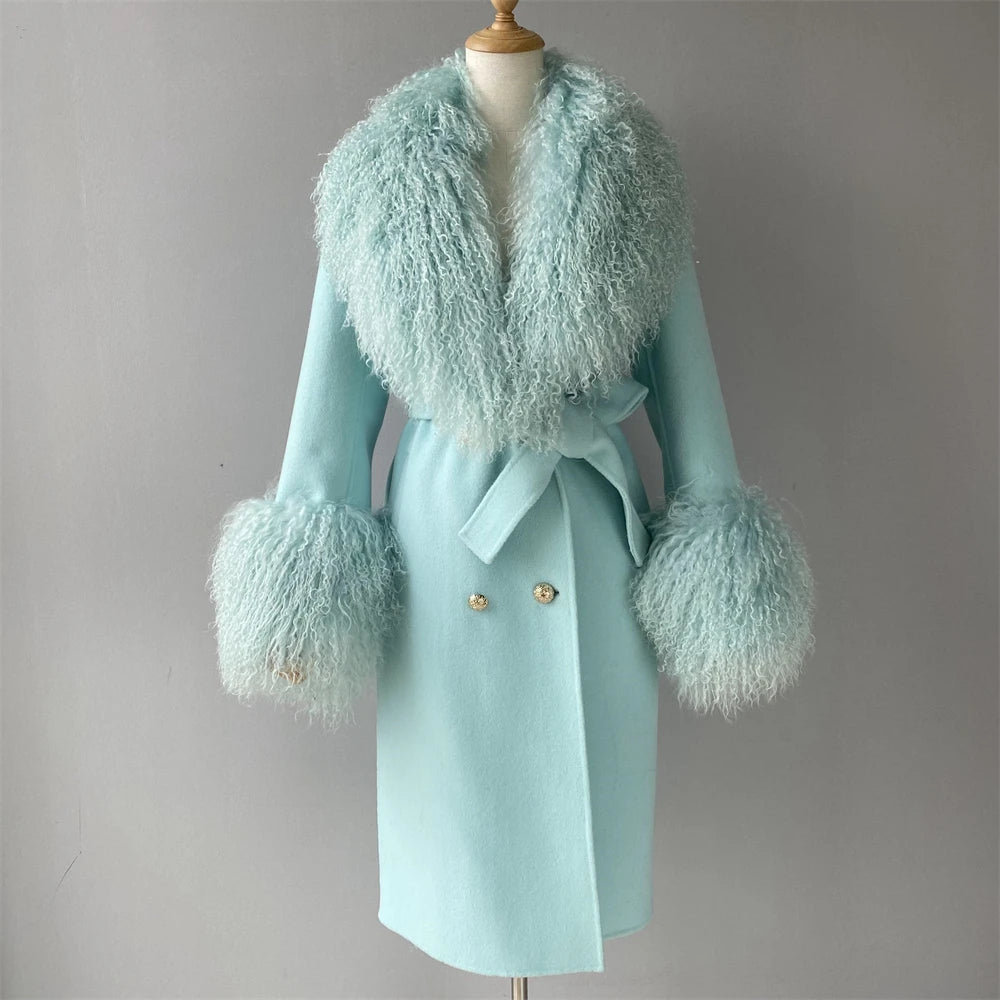 Light blue coat with fluffy fur trim on a mannequin against a gray background