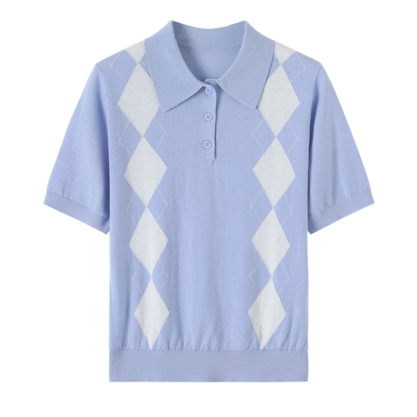 Light blue polo shirt with white diamond pattern on a white background
