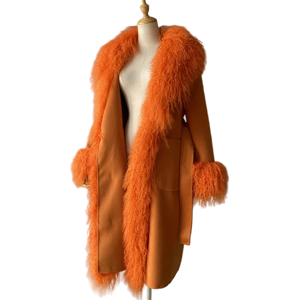 Orange fur-trimmed coat on a mannequin against a gray background