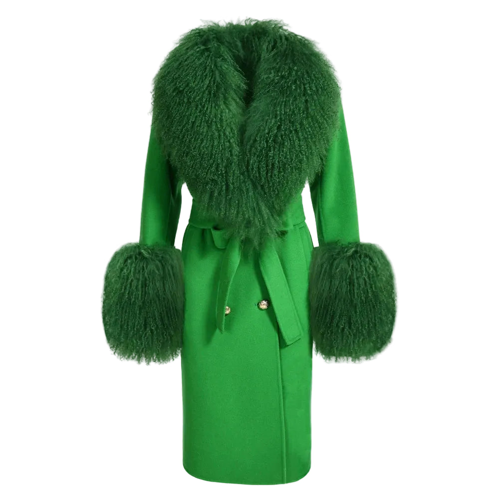 Green coat with fur accents on a white background