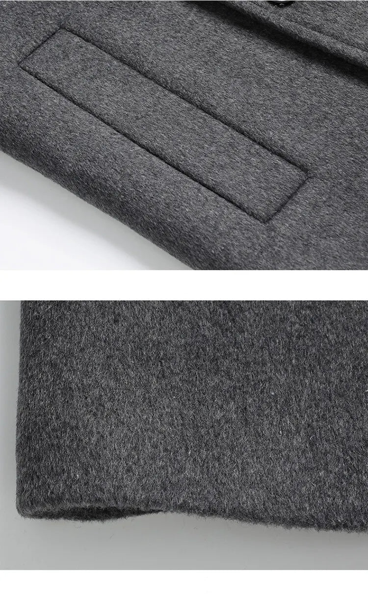Close-up of a gray coat with a pocket and hem detail on a white background.