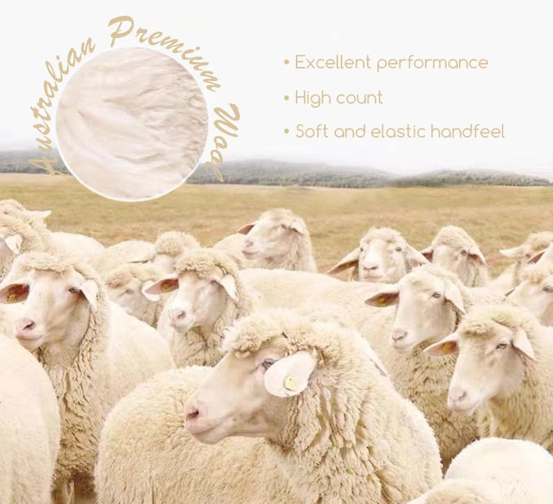 Sheep in a field with text about Australian Premium Wool, including performance, count, and handfeel.