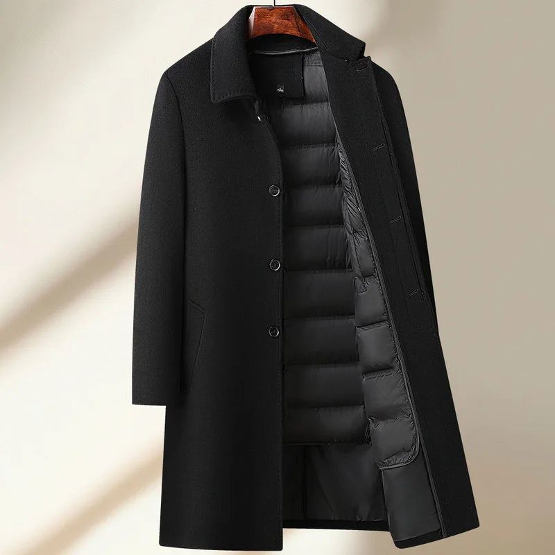 Black coat with a quilted lining on a beige background