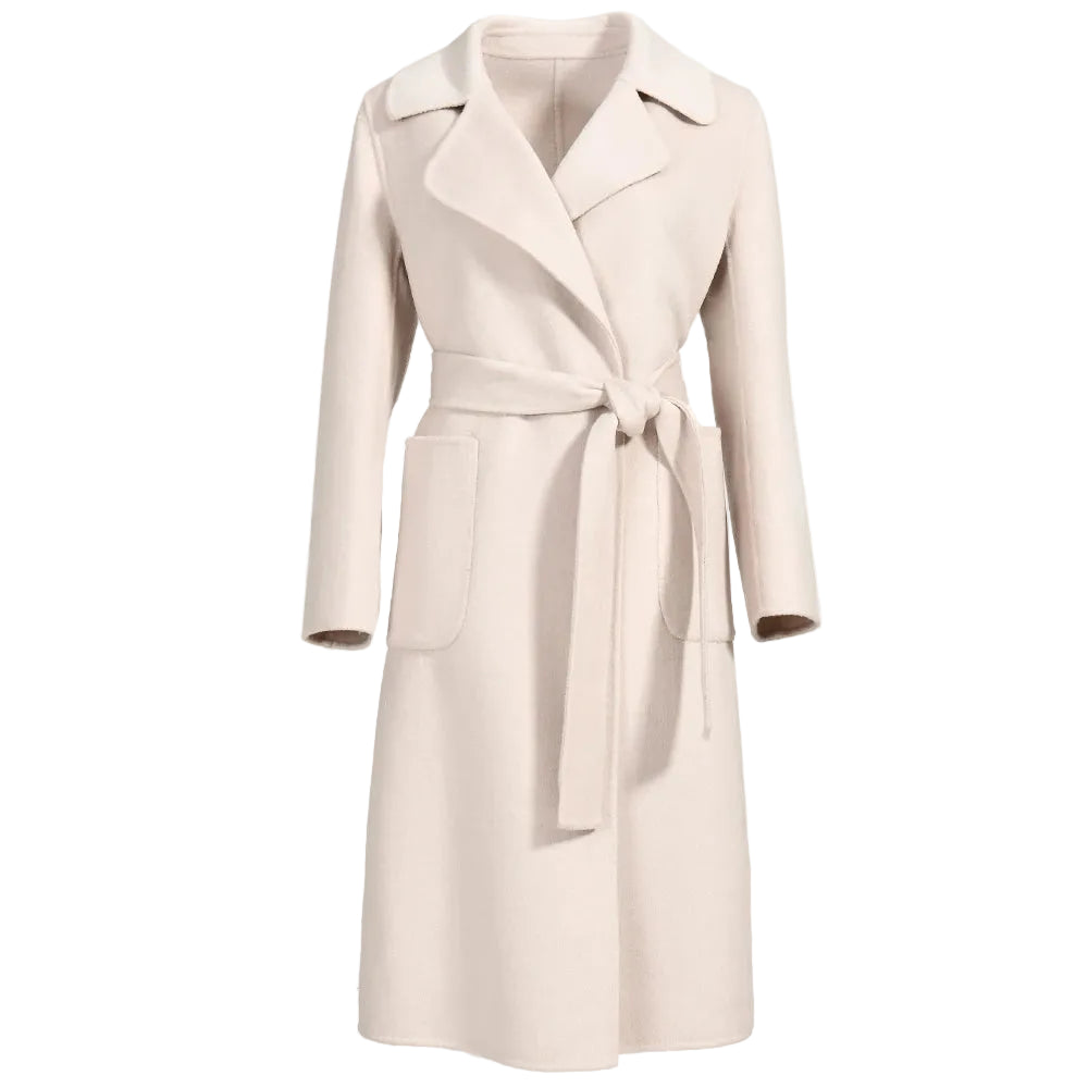 Beige trench coat with a belt on a white background
