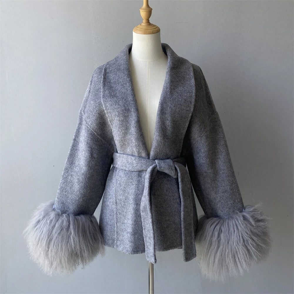 Woolberry Wool Coat, Mongolian Fur Cuffs