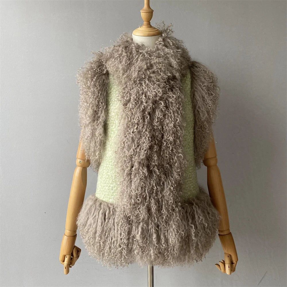 Fluffy brown vest on a mannequin against a plain background