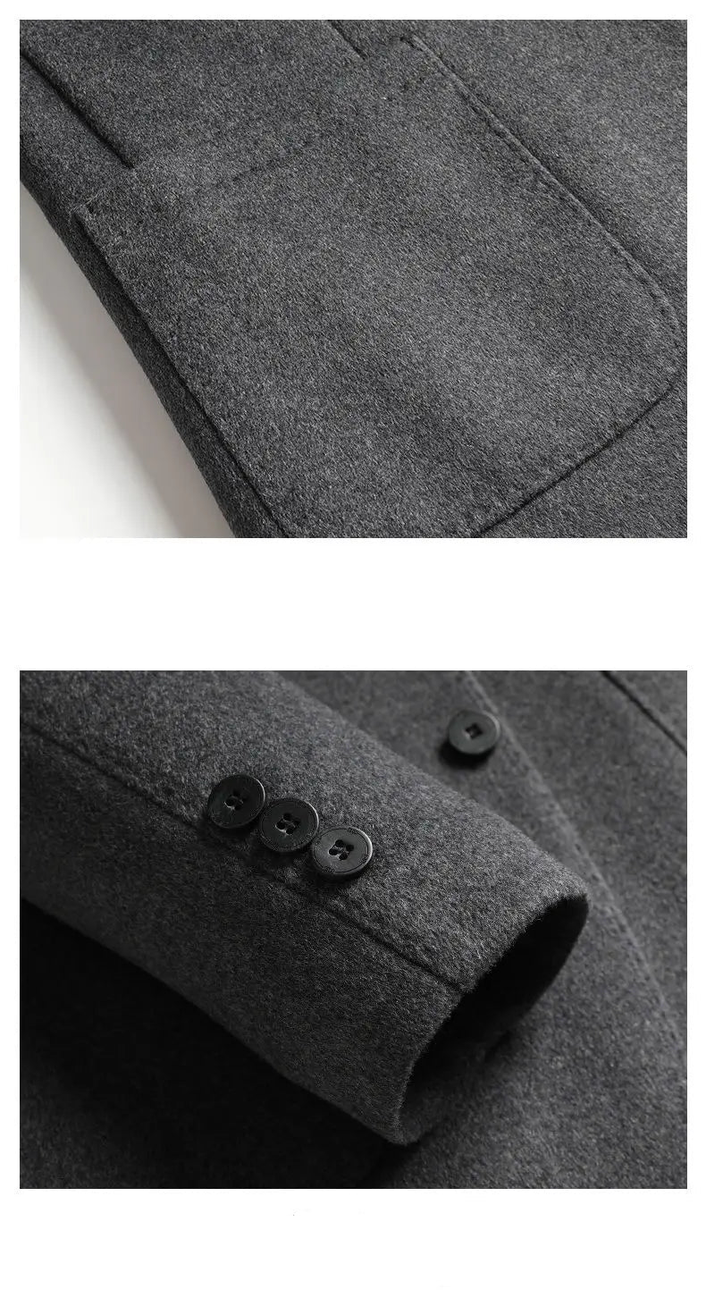 Close-up of a dark gray coat with buttons on a white background