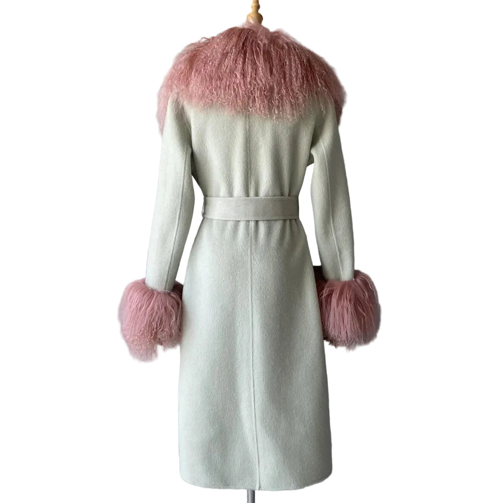 Light green coat with pink fur trim on a mannequin against a gray background