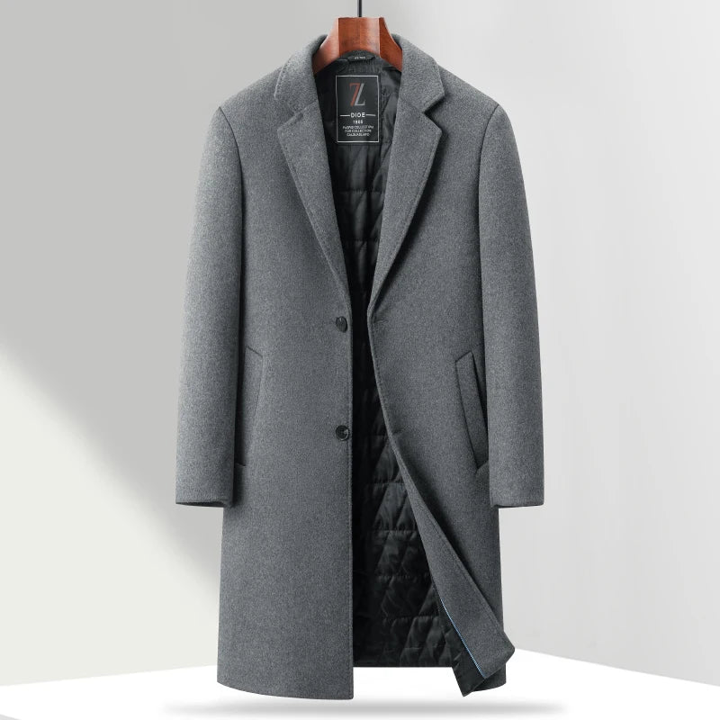 Gray overcoat on a hanger against a white background