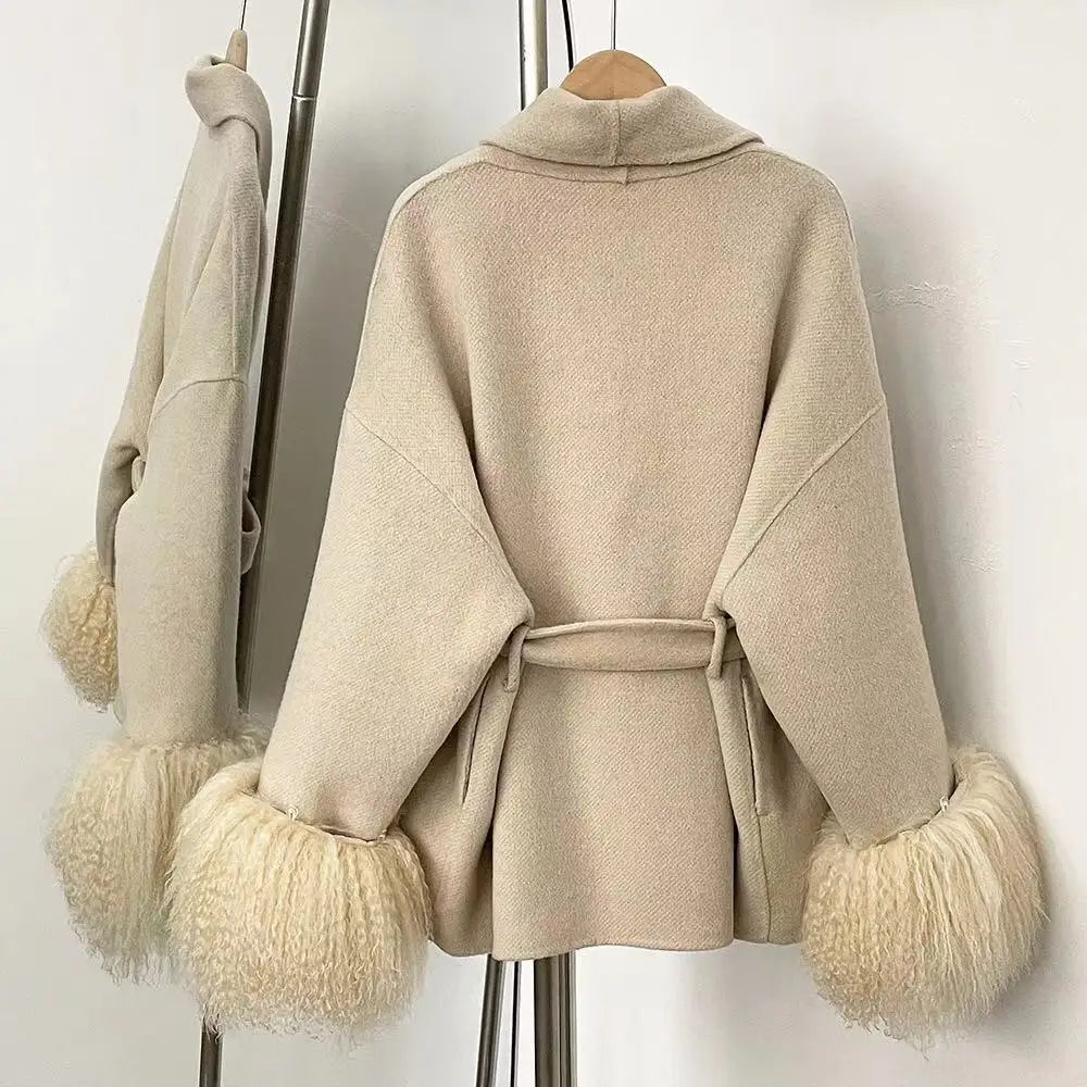 Woolberry Wool Coat, Mongolian Fur Cuffs