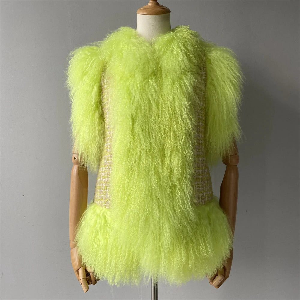 Mannequin wearing a bright green fluffy vest against a gray background
