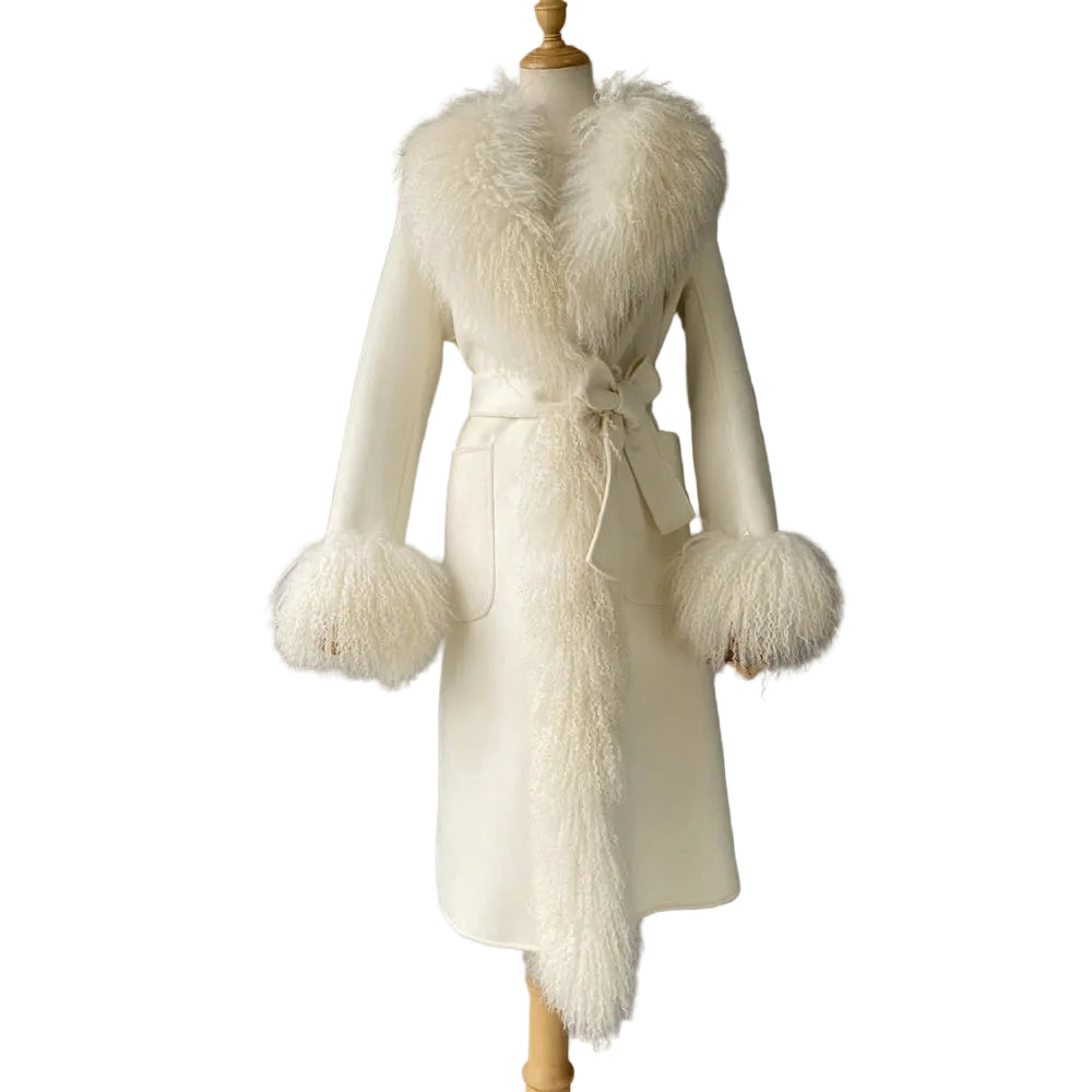 White coat with fur trim on a mannequin against a gray background