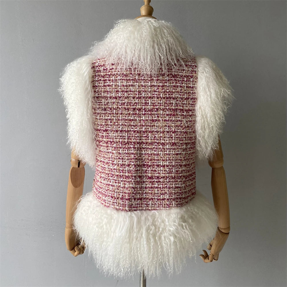 Mannequin wearing a red and white patterned vest with white fur trim on a gray background