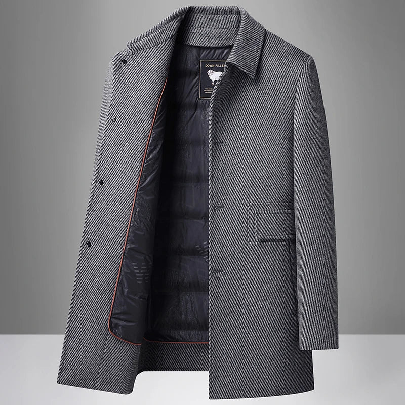 Gray coat with a brand label on a gray background