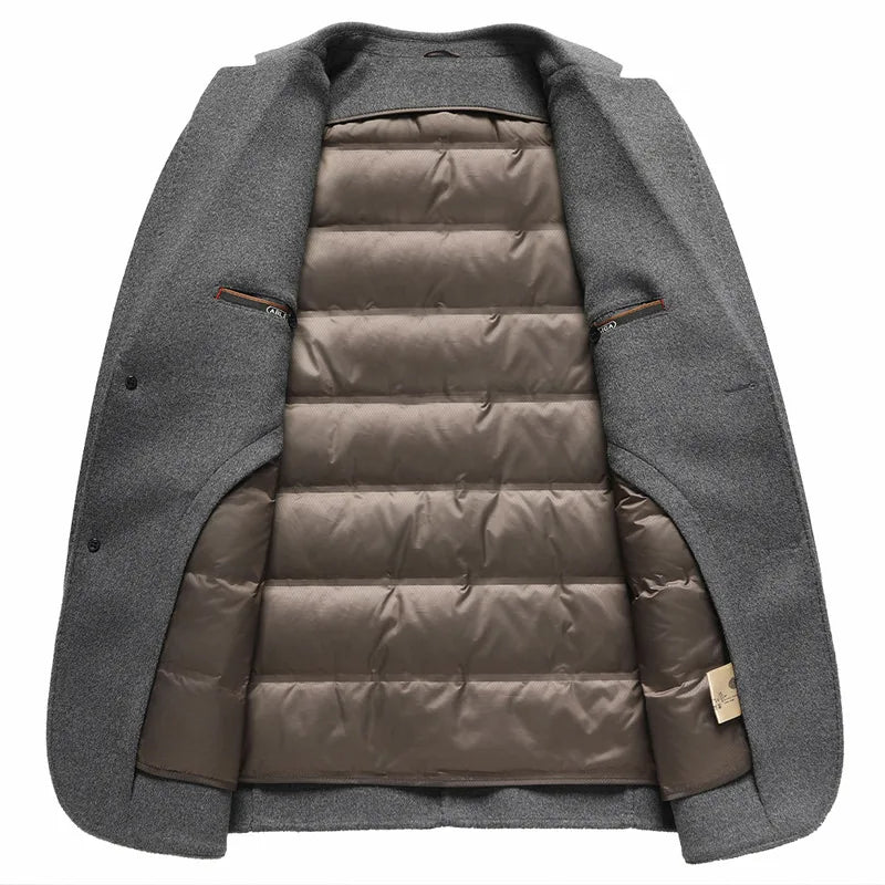 Gray jacket with brown quilted lining on a white background