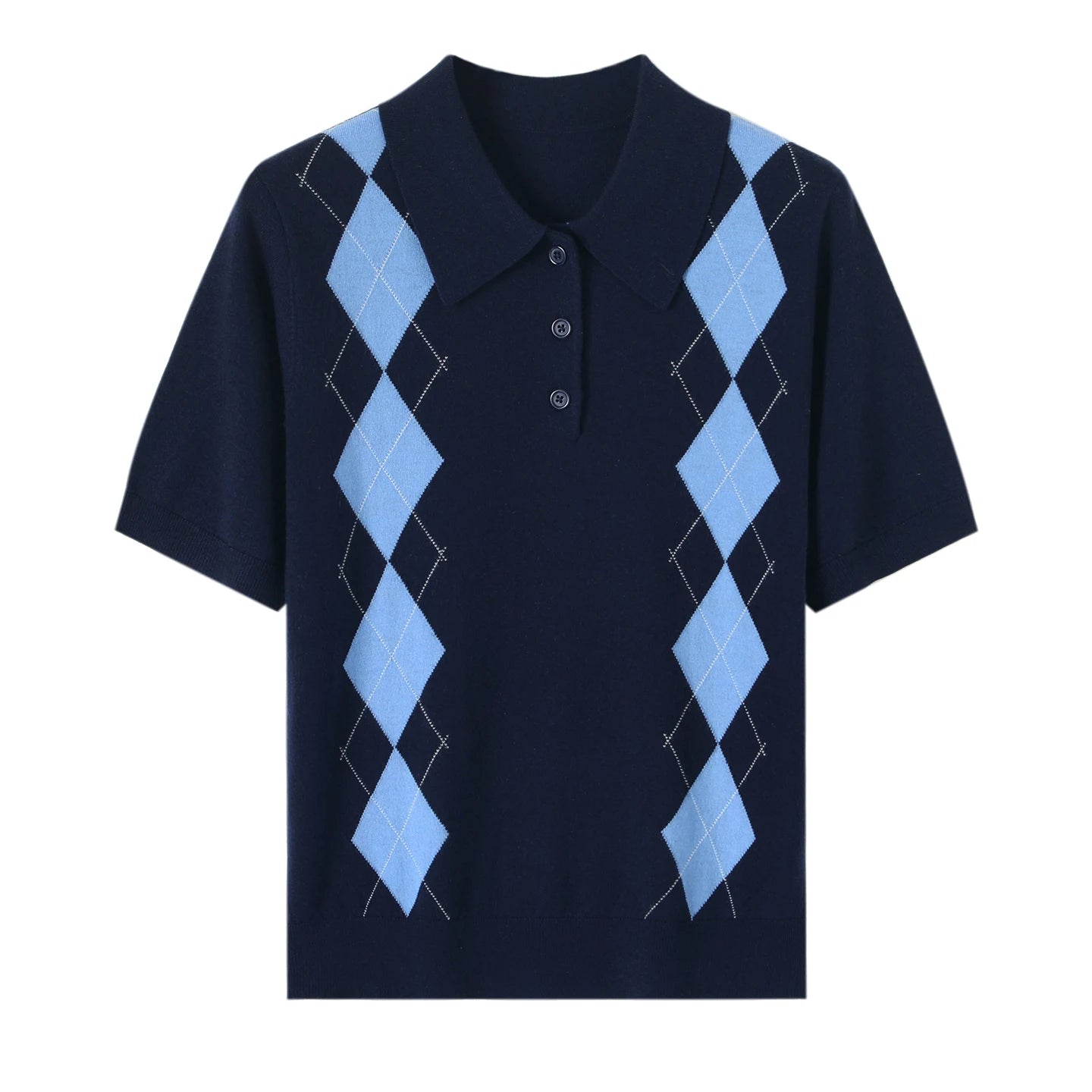 Navy blue polo shirt with light blue argyle pattern on a white background