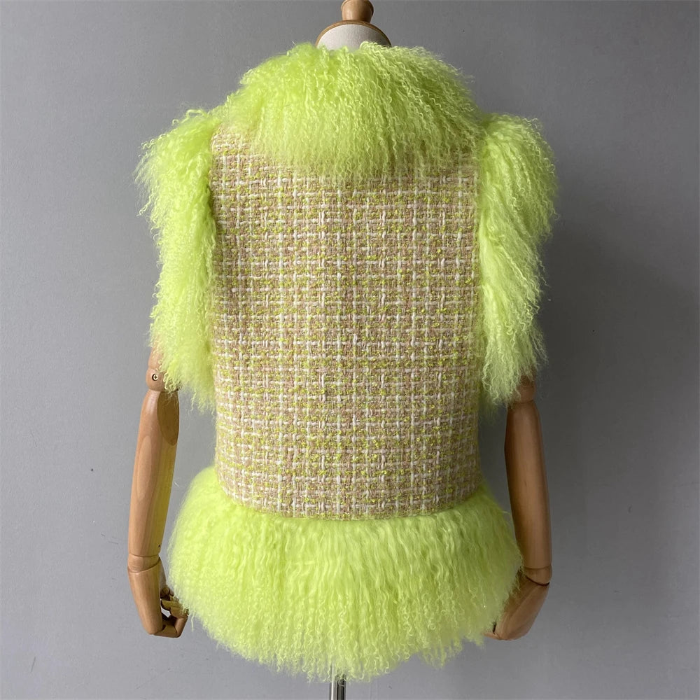 Mannequin wearing a neon green textured vest with a plain background